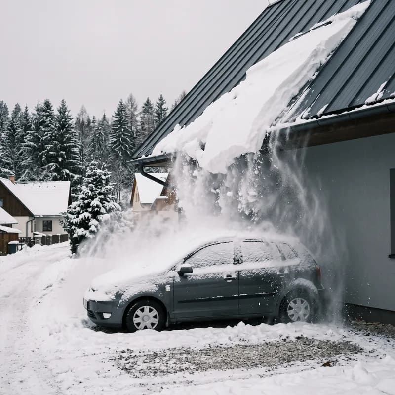 Sneh sa zosúva zo strechy bez zábran na zaparkované auto